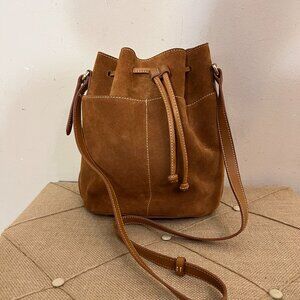 J. McLaughlin Arianna Brown Suede Bucket Hobo Shoulder Crossbody Bag.